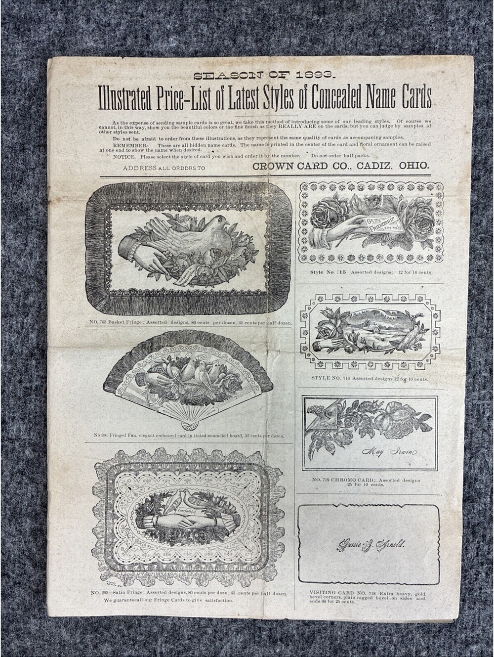 Vtg Print Ad 1893 Season Price List Cadiz OH Scrapbook Photo Cards